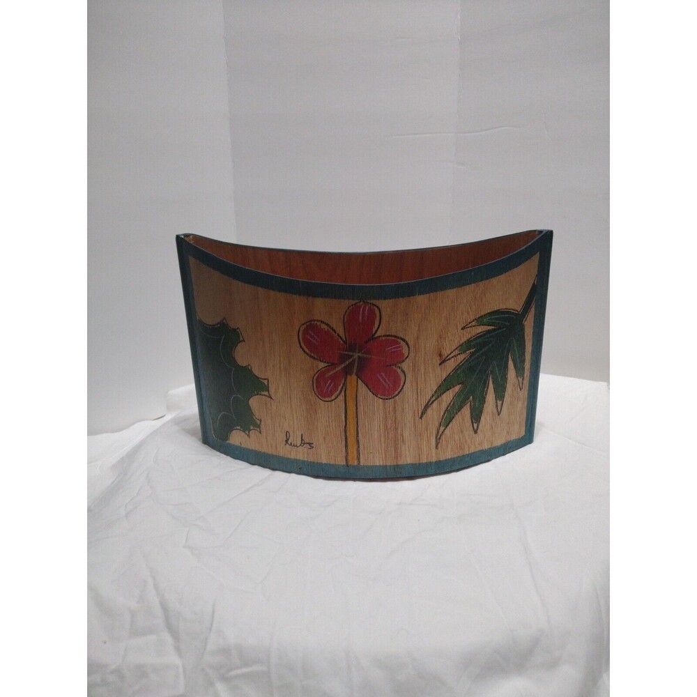 Vintage KAKADU Painted Wood Basket Signed Reut & Aharon Shahar ~ Israel Artists